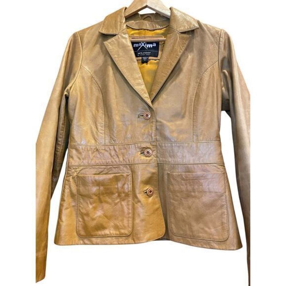 Vintage Wilson's Leather‎ Maxima Camel Brown Button Biker Style Collared Jacket - Picture 5 of 16